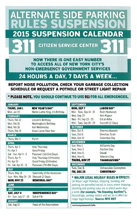 NYC - 2023 Alternate Side Parking Regulations Calendar. Easysurf Home Site Map E ... New York City. 2023 Alternate Side Parking Regulations Suspension Calendar. HOLIDAY. DATE / DAY. New Year's Eve (2022) Dec. 31, Saturday: New Year's Day: Jan. 1, Sunday: New Year's Day (Observed) Jan. 2, Monday: Three Kings Day: Jan. 6, Friday: Martin …. 