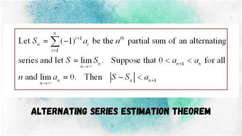 Alternating Series Estimation Theorem and this series. 1. Estimating integrals using Riemann sums. 0. Alternating series estimation test proof. 2. In an alternating series remainder where the 1st term in remainder is a negative, why is the approximate series an overestimate? Hot Network Questions. 