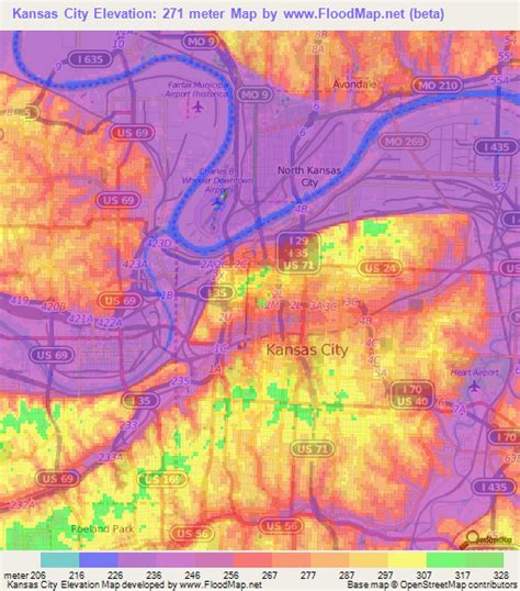 Color elevation map of Kansas. The elevation in Kansas rises gradually from east to west. The lowest point, at 679 feet above sea level, is where the Verdigris River exits the state into Oklahoma just south of Coffeyville in Montgomery County. The highest point, at 4,039 feet above sea level, is on the Colorado border in Wallace County.. 