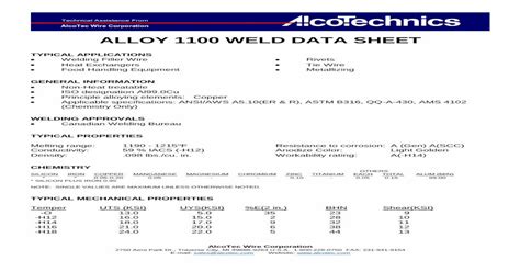 Aluminium Alloy 1100 Data Sheet