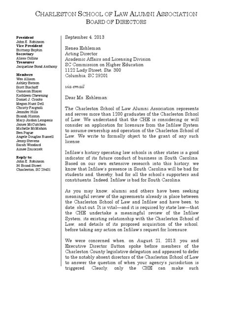 Alumni Letter to CHE opposing Sale of CSOL to Infilaw