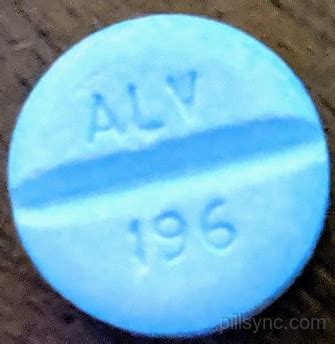 Alv196 - What is a blue pill with all 196?? ## Hi Kristin, Based on your description, a round blue pill marked with ALV 196 is identified as generic Percocet; containing ...