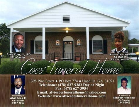 Alvie coes funeral home. 1398 Pine Street | P.O. Box 774 | Unadilla, Georgia 31091 | Phone: (478) 627-9382 | Fax: (478) 627-3954 