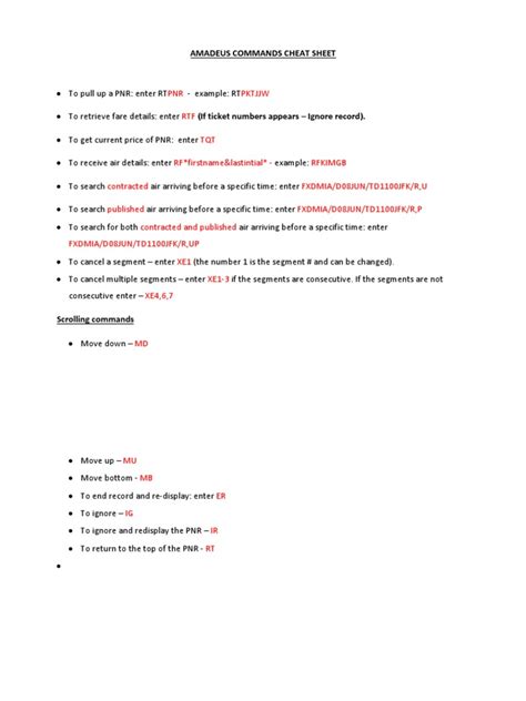 Amadeus Commands Cheat Sheet PDF Scribd.