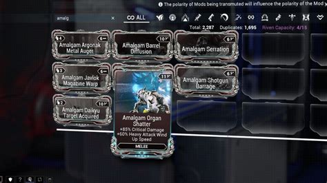 Amalgam mods warframe. Is it possible to get 2 Amalgam mods by using Nekros or did I just farmed a mod I ALREADY had? Locked post. New comments cannot be posted. Share Add a Comment ... Warframe. The game is currently in open beta on PC, PlayStation 4|5, Xbox One/Series X|S, and Nintendo Switch. Coming to mobile soon! 