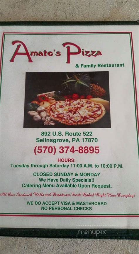  View the Menu of Amato's Pizza Selinsgrove in 892 Route 522, Selinsgrove, PA. Share it with friends or find your next meal. 1 Of Multiple Amato's Family Owned Restaurants For Over 30 years. This... 