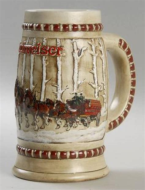 Amazon's Choice: Overall Pick This product is highly rated, well-priced, and available to ship immediately. ... 1984 Budweiser Beer Stein Holiday Stein Clydesdales As They Crossed Covered Bridge. Ceramic. 4.7 out of 5 stars. 30. $33.99 $ 33. 99. FREE delivery Thu, Mar 7 on $35 of items shipped by Amazon.