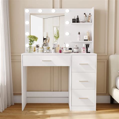 Modern White Vanity Set with Cushioned Stool, Makeup Vanity Table Set with Cabinet, 2 Drawers and Open Shelves Makeup Vanity Desk with 10 LED Bulbs, 3 Colors are Adjustable, for Bedroom,Women,Girls. $26799. Save $18.00 with coupon. $79.99 delivery Jan 9 - 12. Only 1 left in stock - order soon..