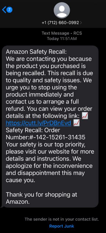 Amazon product recall text.  The text The FTC explicitly warns that these texts are scam...