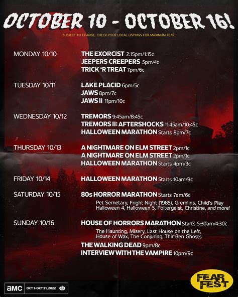Amc fearfest schedule. Many of you have your own plans on how to gorge all that gore, but if you're one of those people who watches through the cracks of your fingers, we've put together a viewing guide that's slightly less intense: 31 movies for 31 days. Come on — you can do it! Tales from the Crypt (1972) https://www.youtube.com/watch?v=fyF5-MzImPs 