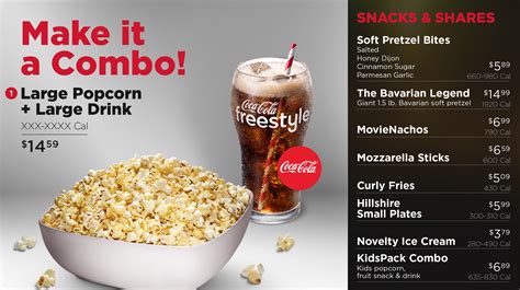 Amc movie theater food prices. We’ve got you covered. Whether it’s a snack attack or you have an appetite for more, our movie theater concession options are sure to hit the spot. Classic movie snacks like fresh-popped popcorn and soft drinks. Bigger bites like pizza, wings and burgers. Raise a glass to our tantalizing cocktail selection, including beer, wine, margaritas ... 