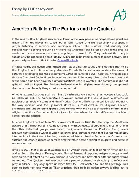 American Religion: The Puritans and the Quakers - Phdessay