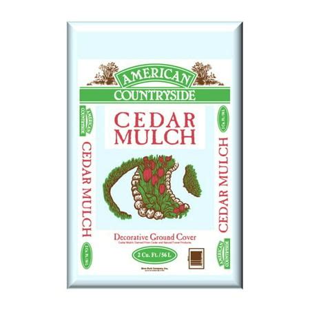 American countryside cedar mulch. Add a clean, decorative lift to your outdoors with the American Countryside Pine Bark Mulch (comes in 2 cu ft bag). Made of wood, it provides natural ground coverage that acts as a deterrent to the start of new weed and grass growth. This landscape mulch features a sponge-like action that keeps the soil moist and makes for a healthier growing ... 