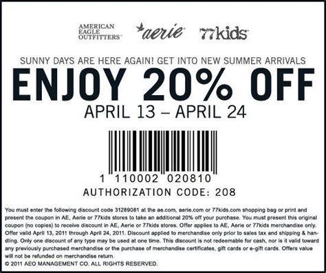 Save with American Eagle Outfitters discount codes. Get 30% off, 50% off, $25 off, free shipping and cash back rewards at American Eagle Outfitters. ... American Eagle Outfitters Coupon Code: Get 20% Off $20+ Bra and Accsessories . View more details. Minimum order: $20.00. Show Promo Code. 7 uses. Verified coupon. $50 Off .... 