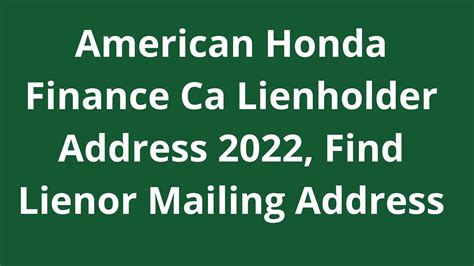 American honda finance corp lienholder address. VIA FAX AT: Attn: Captive Client, Fax No.: (937) 481-5307; If you reside in Ohio, mail your original odometer statement and original notarized power of attorney to: American Honda Finance Corp, Attn: Title Processing, 9750 Goethe Rd., Sacramento, CA 95827. For additional help, Lease-End Specialists are available to answer your questions. 