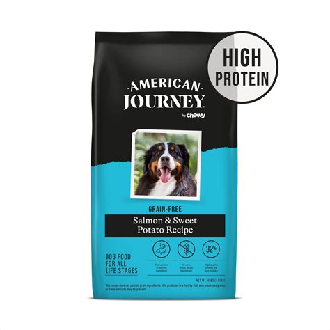 American journey dog food. Nutrient analysis. American Journey dog food review shows that this formula is made with quality meat protein as its first ingredient. Additional benefits include Grain-Free, No Corn, No Wheat, No Soy, High-Protein. AAFCO requirements for protein and fat in dog food are only advised for minimum amounts, but not maximum. 