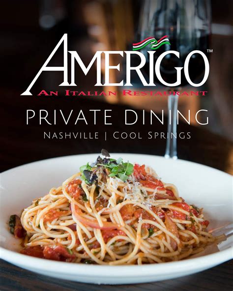 Amerigo italian restaurant. View the private dining options for Amerigo Nashville, a local restaurant serving Italian favorites. ... Amerigo - Nashville. 1920 West End Ave. Nashville, TN 37203 615-320-1740. Contact Us. This form needs Javascript to display, which … 