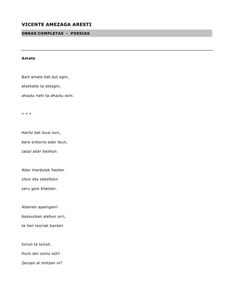 Amets Poesia en Euskera por Vicente Amezaga Aresti