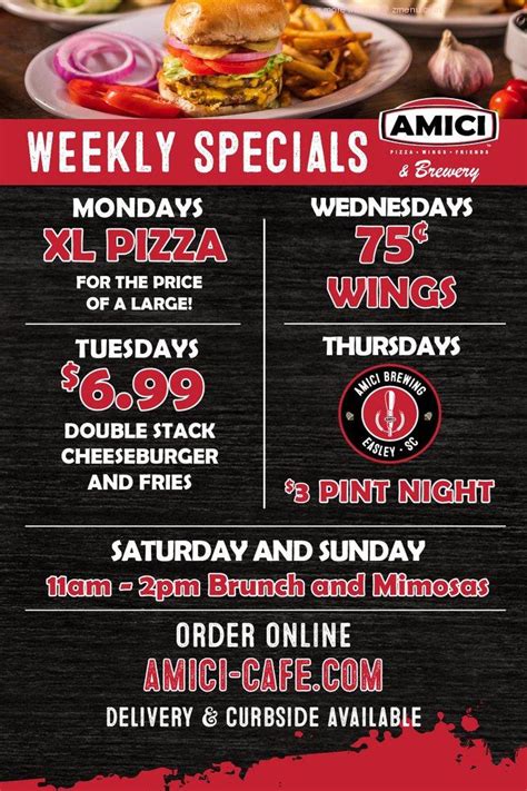 Amici easley menu. Menu. FEASTS: FAMILY FEAST: $19.99. Large 2-topping pizza, choice of stix and dipping sauce, plus a 2 liter. MEDIUM FEAST: $23.99. 2 Medium 1-topping pizzas, choice of stix and dipping sauce, plus a 2 liter. MEGA FEAST: $26.99. Large 1-topping pizzas, choice of stix and dipping sauce, plus 2 liter . 