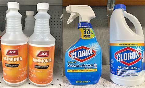 Ammonia and bleach. Household ammonia (3 to 10 percent aqueous NH 3) and bleach (5 percent NaOCl) are two of the most common cleaning agents. Combining them releases chloramine gas, which is a combination of ... 