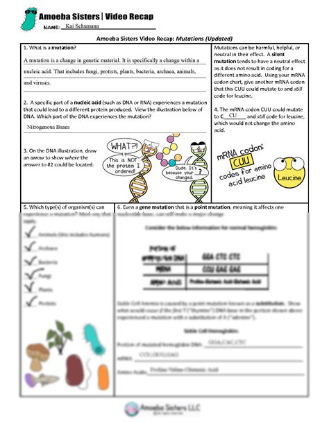 Amoeba sisters video recap mutations updated answer key. Amoeba Sisters Video Recap Mutations Updated Answer Key. 1. Amoeba sisters video recap of mutations updated worksheet 5. Insertion in genes. This includes the definition of speciation, asking how natural selection ... 