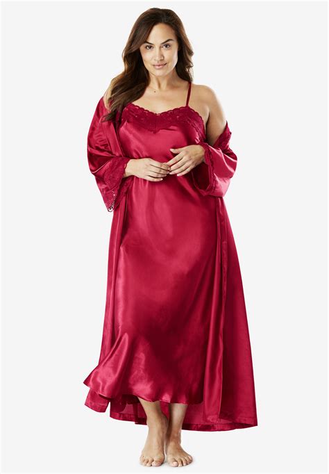 Amoureuse Long Satin Nightgown & Peignoir LACEY Set Red sz