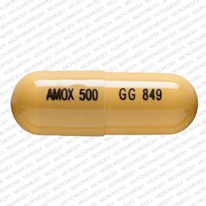 The 250 mg capsule is imprinted AMOX 250 on one side and GG 848 on the other side; the 500 mg capsule is imprinted AMOX 500 on one side and GG 849 on the other side. Tablets: 500 mg, 875 mg . Each film coated tablet contains 500 mg or 875 mg amoxicillin as the trihydrate. The tablets are oval-shaped and white to yellowish.. 