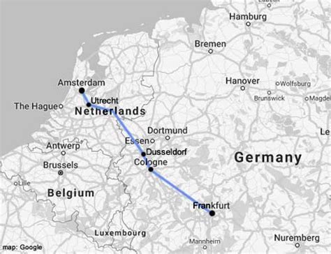 Amsterdam to Frankfurt (Main) by train. It takes an average of 5h 42