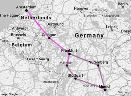 Amsterdam to Munich by train. It takes an average of 9h 31m to travel from Amsterdam to Munich by train, over a distance of around 415 miles (667 km). There are normally 35 trains per day traveling from Amsterdam to Munich and tickets for this journey start from $43.07 when you book in advance. First train. 5:41 am.. 
