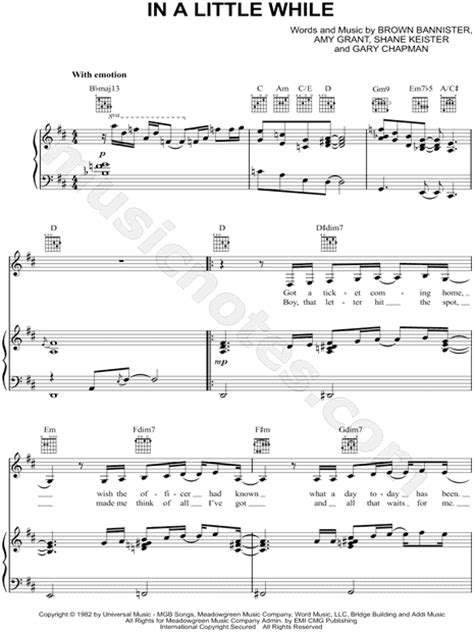 Amy Grant "In a Little While" Sheet Music in D Major