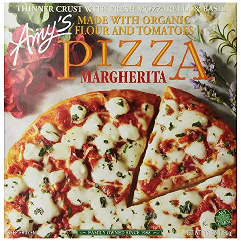 Amys pizzeria. One 13-ounce Frozen Full-size Margherita Pizza the whole family will love. Thinner hand-stretched crust made from organic wheat flour and extra virgin olive oil. Savory, house-made pizza sauce made from organic tomatoes with mozzarella cheese, Parmesan and basil. Non-GMO, certified Kosher, soy and tree nut free, and … 