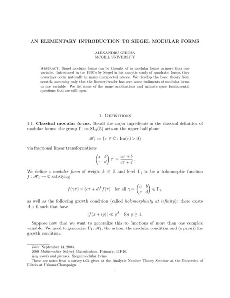 An Elementary <b>An Elementary Introduction to Siegel Modular Forms</b> to Siegel Modular Forms