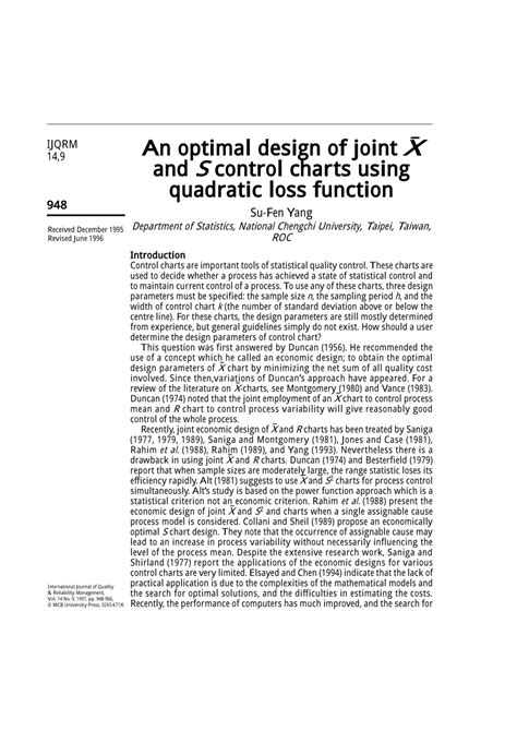 An Optimal Design of Joint x and S Control Charts Using Quadratic Loss …