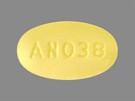 D&C YELLOW NO. 10 (UNII: 35SW5USQ3G) ... Score: no score: Shape: OVAL: Size: 16mm: Flavor: Imprint Code: AN038 ... Due to inconsistencies between the drug labels on DailyMed and the pill images provided by RxImage, we no longer display the RxImage pill images associated with drug labels.. 