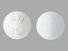 An351 pill. Enter the imprint code that appears on the pill. Example: L484; Select the the pill color (optional). Select the shape (optional). Alternatively, search by drug name or NDC code using the fields above. Tip: Search for the imprint first, then refine by color and/or shape if you have too many results. 