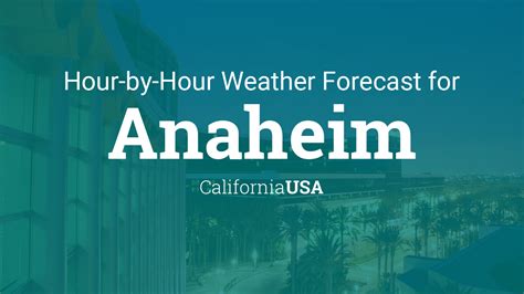 Anaheim, CA Hourly Weather Forecast. star_rate. home. Partly cloudy skies. High 77F. Winds SSW at 5 to 10 mph. Mainly clear early, then a few clouds later on. Low 54F. Winds SE at 5 to 10 mph.. 
