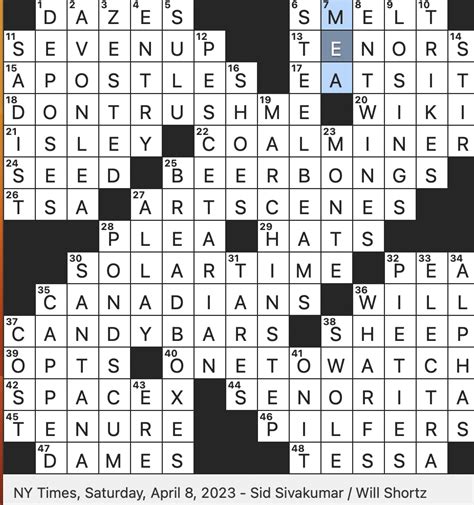Dec 23, 2023 · You can also find answers to past NYT Crosswords. Today's NYT Crossword Answers. XXX NYT Crossword Clue; Number of lords a-leaping NYT Crossword Clue; Highly prized collectibles, in lingo NYT Crossword Clue; Fourth word in “Jingle Bells” NYT Crossword Clue; Analyzes, as a metaphor NYT Crossword Clue; …