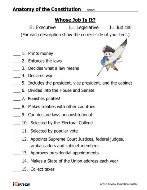Anatomy of the constitution answer key. Meet your Constitution Day education requirement with this free and engaging lesson plan. This interactive lesson gives students a quick snapshot of the Constitution, including the purpose of each article, the powers of the three branches, how a bill becomes a law, and the concepts of separation of powers and checks and balances. 
