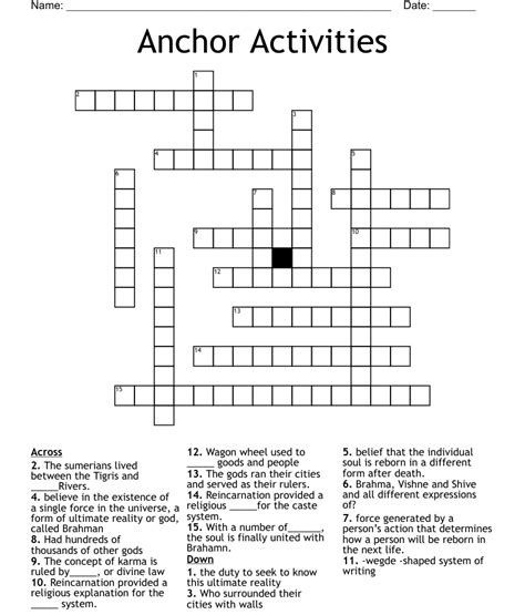 ANCHOR Crossword Solution. MOOR. AIRES. MAINSTAY. Last confirmed on July 18, 2020. Please note that sometimes clues appear in similar variants or with different answers. At the moment 'MAINSTAY' is the most recent one and it has 8 letters. If this clue is similar to what you need but the answer is not here, type the exact clue on the search box.. 