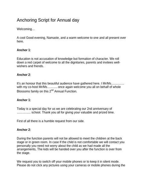 Anchoring script for annual day.  Feel free to edit this anchoring script Before expres...