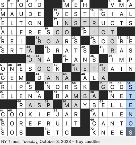 Crossword Clue. Crossword Clue Answer for Wall Street Journal. This clue appeared first on January 12, 2023 on WSJ Crossword Puzzle, and is possible for it to appear again with a different answer. If the first clue answer does not solve your current clue, try to review all the clue solutions until you solve yours. Check the Clue Answer:. 