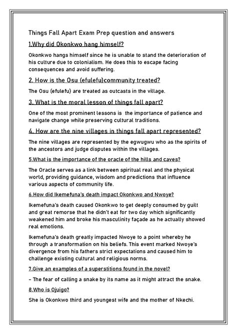 And Fall Things Apart Exam Answers Questions