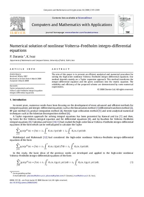 And Of Nonlinear Volterra Analysis Solution Numerical