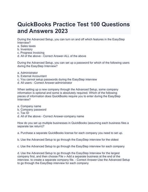 And Quickbooks Test Answer Practice
