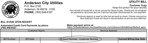 Anderson indiana city utilities pay bill. Mail Payments. South Bend Municipal Utilities. PO Box 7125. South Bend, IN 46634-7125. Remember to include bill stub to expedite your payment. Lobby or Drive-Up Payments (South Bend Municipal Utilities Customer Service Office is located at 125 W. Colfax Ave.) Lobby hours are Monday through Thursday from 8:30 am to 5:00 pm and … 