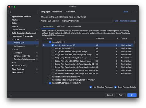 Android sdk 35.  In the SDK Platforms tab, expand the Android API 35 section and select...