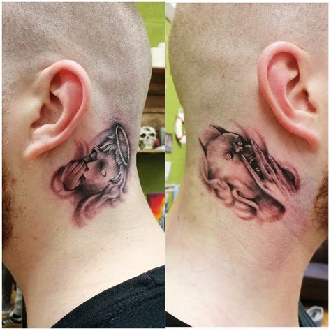 Angel and devil tattoo behind ear. See more ideas about angel and devil behind ear tattoos tattoos. Devil and Angel tattoos combined together present the balance between good and evil in a person the portray of Devil is used for bad deeds and Angel for good deeds. If youre looking for a noticeable tattoo design the angel whispering in an ear design is an excellent. 