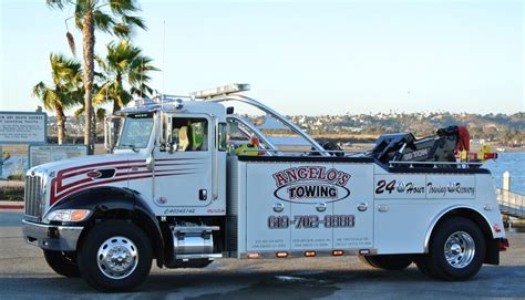 Angelos towing. Angelo’s Towing is the premier San Diego Towing Company and we have been in the towing business for more than 20 years. We offer our customers a range of towing services. For example we tow all kinds of vehicles, whether it is cars, trucks, Semi Trucks, RVs, or motorcycles. 