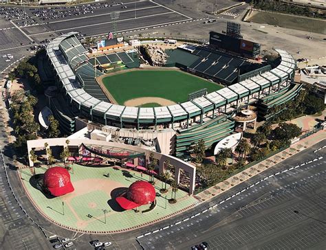 Angels stadium outside. 2000 E Gene Autry Way, Anaheim, California 92806. Note that roads may be busier than normal at times of popular events. Please plan accordingly. The three entrances into the Angel Stadium parking lot are Douglass Road, State College Boulevard, and Orangewood Avenue. The parking lot opens 2.5 hours prior to the start of the scheduled first pitch. 