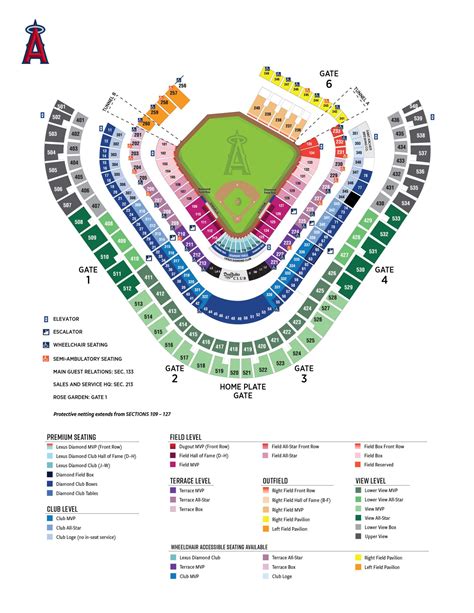 Angels stadium seating chart with rows and seat numbers. The field level seats at Angel Stadium of Anaheim consist of sections 101 through 135. The number of rows for the field level sections will vary slightly from section to section, but are typically lettered A through Z. The Los Angeles Angels’ dugout is located in front of sections 110 and 111. 